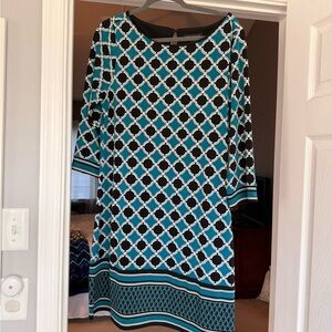 White House Black Market Teal and Black Long Sleeve Dress - Size L